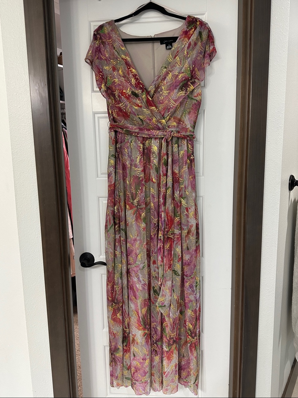 Jessica Howard Floral Wrap Maxi Dress in Pink, Green and Gold